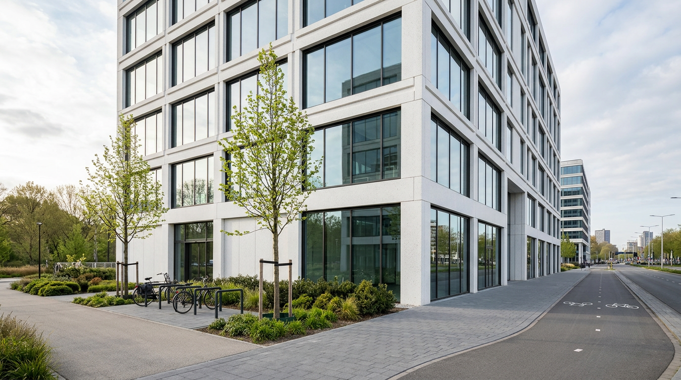 Gerenoveerd kantoorgebouw in Amstel III met moderne glazen gevel en een groene openbare buitenruimte.