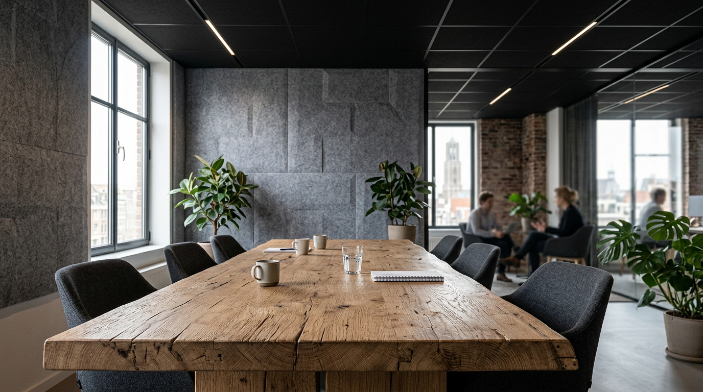 Duurzaam kantoorinterieur met vergadertafel van hergebruikt hout en akoestische panelen van gerecycled vilt