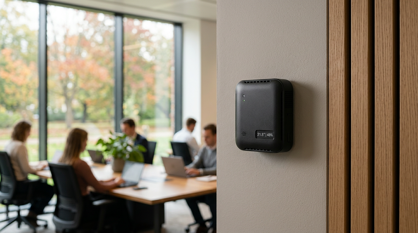 Discreet gemonteerde CO2-sensor aan een houten kantoormuur in een modern kantoorpand