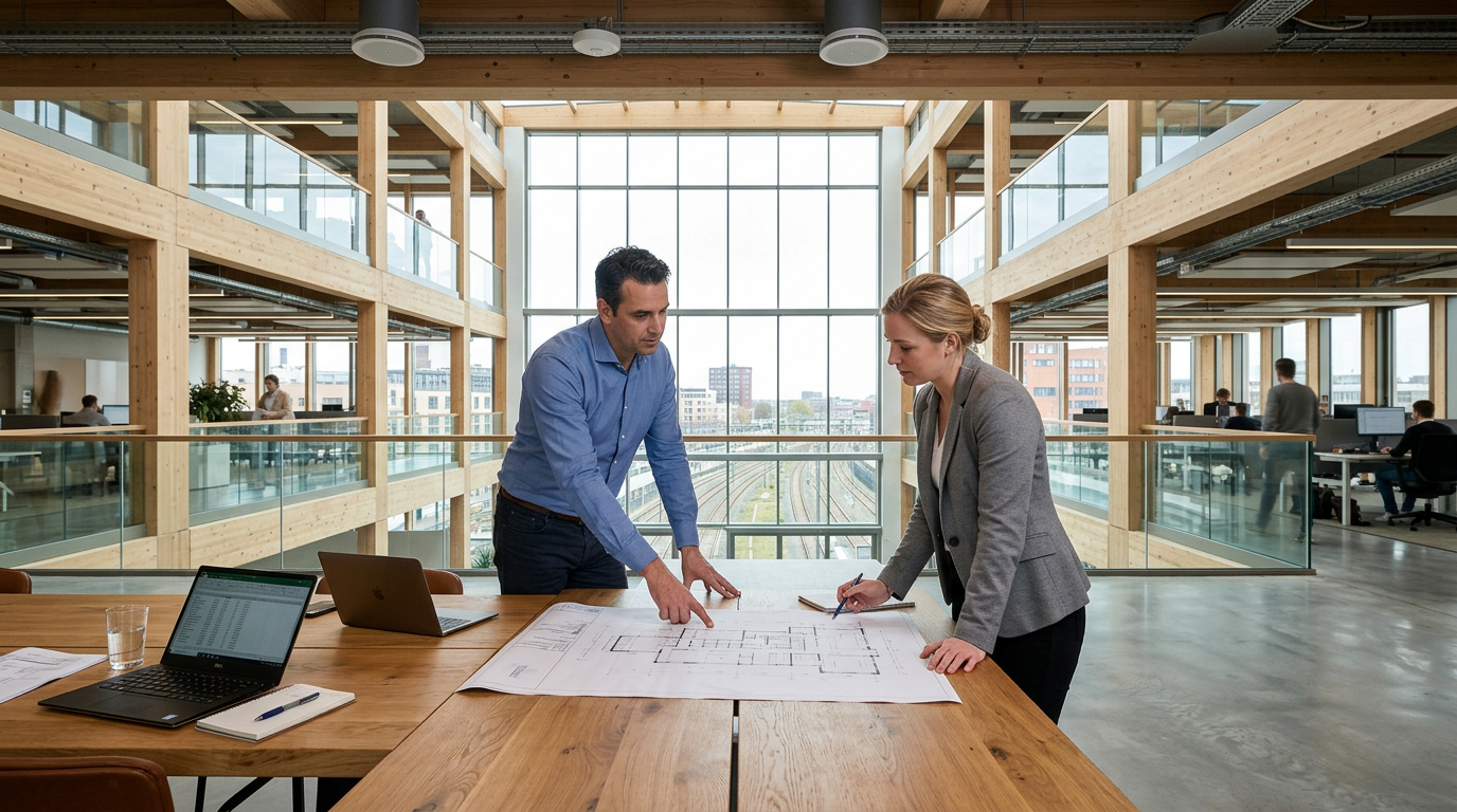 Twee professionals overleggen bij een houten tafel in een licht kantooratrium met slimme sensoren en glazen gevel.