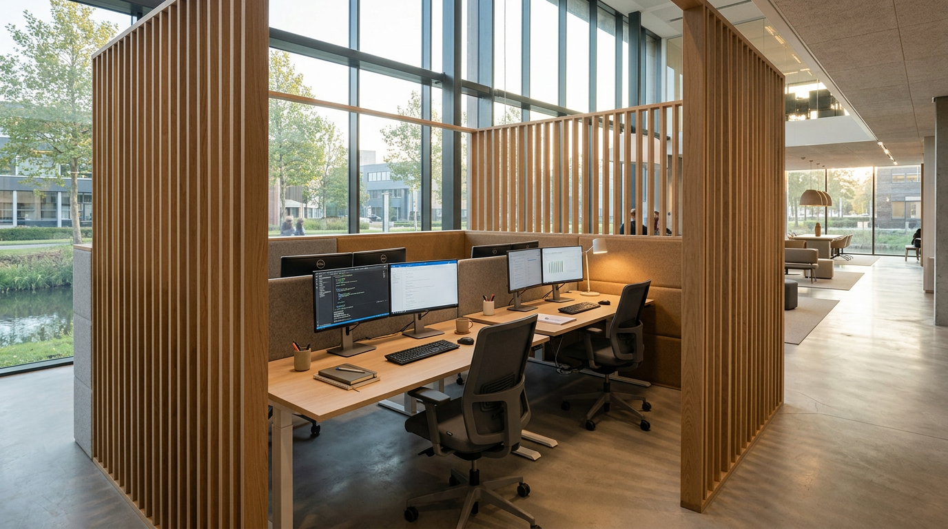 Modern kantoorinterieur met houten scheidingswanden en akoestische panelen die een rustige teamzone vormen