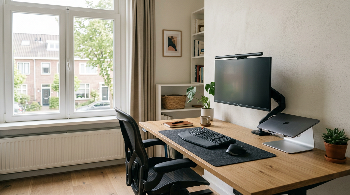 Ergonomische en minimalistische thuiswerkplek met natuurlijk daglicht bij het raam.