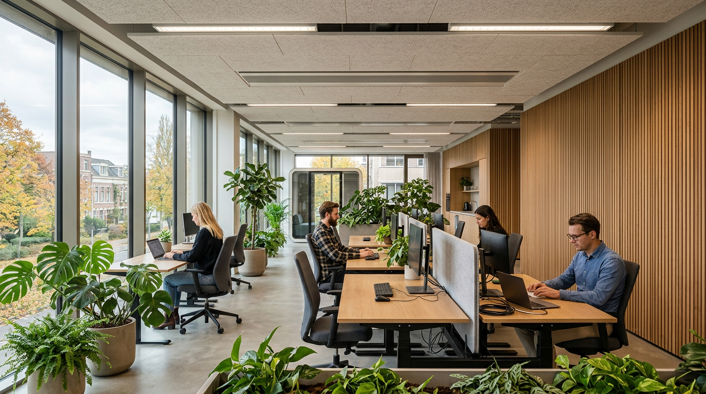 Modern Nederlands kantoor met houten afwerking, planten en geïntegreerd klimaatsysteem onder invloed van herfstzonlicht.