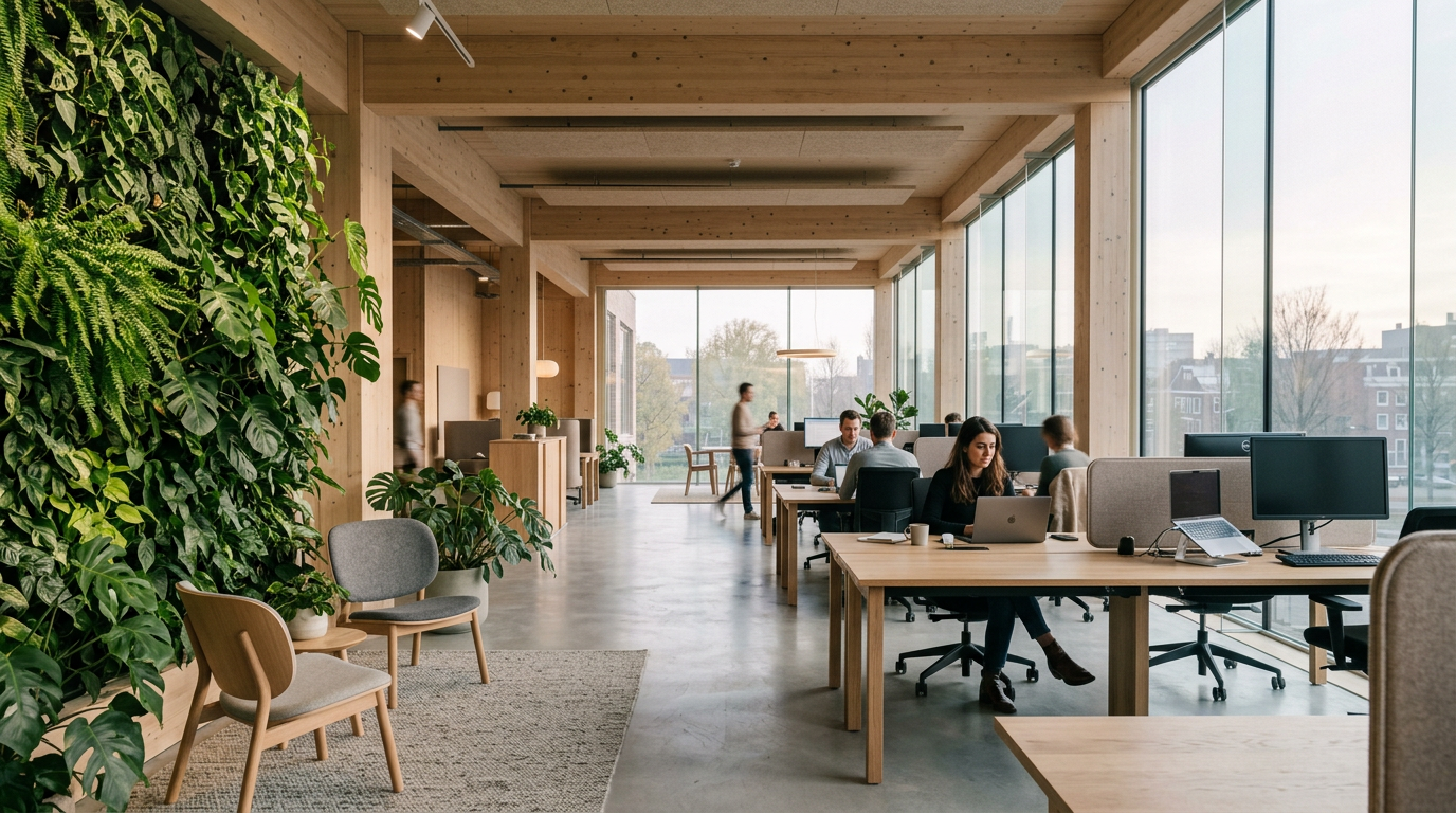 Duurzaam houten kantoorinterieur met veel groen en overvloedig daglicht