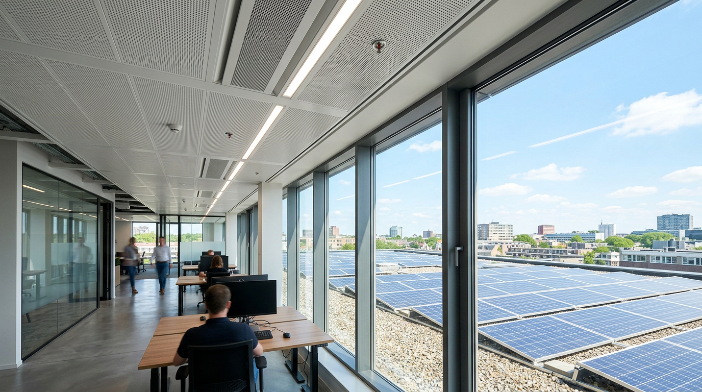 Duurzaam kantoorgebouw met modern klimaatplafond en zonnepanelen op het dak onder een helderblauwe lucht.