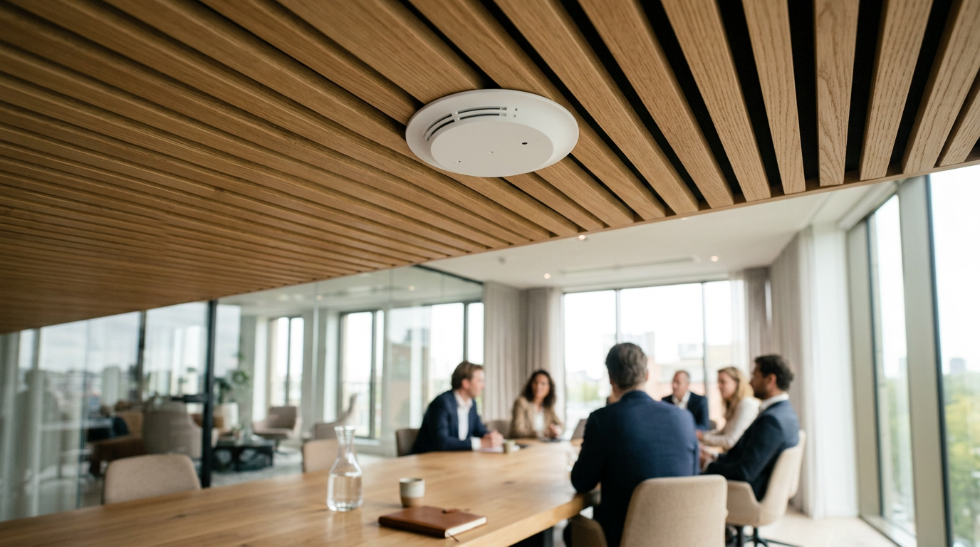 Discreet ingebouwde plafondsensor in een houten plafond boven een zakelijke boardroomtafel