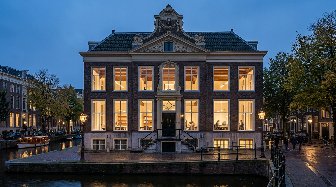 Voorgevel van een Amsterdams grachtenpand met door de ramen zicht op een modern kantoorinterieur bij schemering.