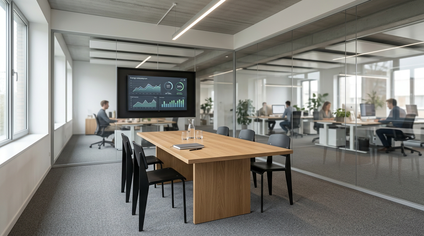 Moderne vergaderruimte met houten tafel en verzonken scherm voor energie-indicatoren