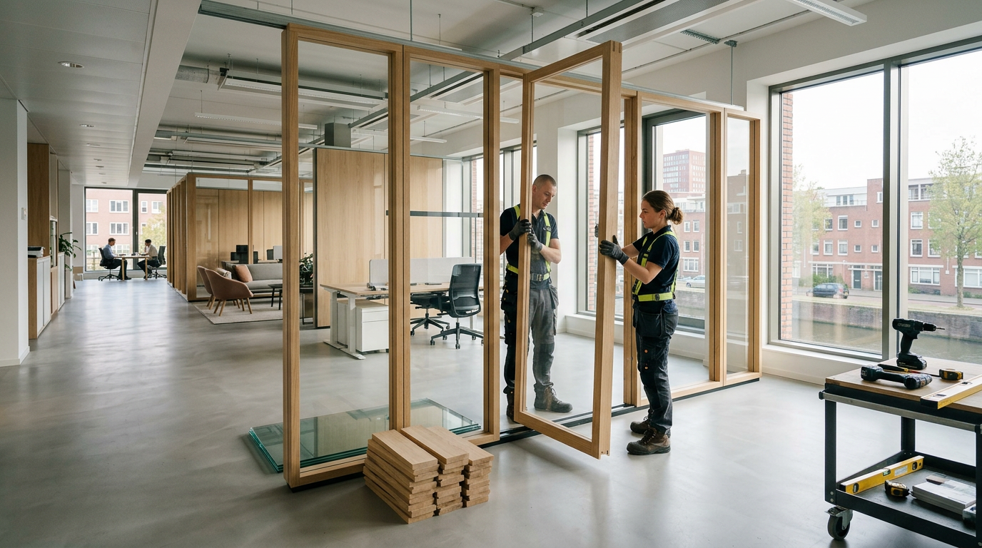 Kantoorinterieur in afbouw met modulaire houten wanden en strakke glazen elementen onder helder daglicht