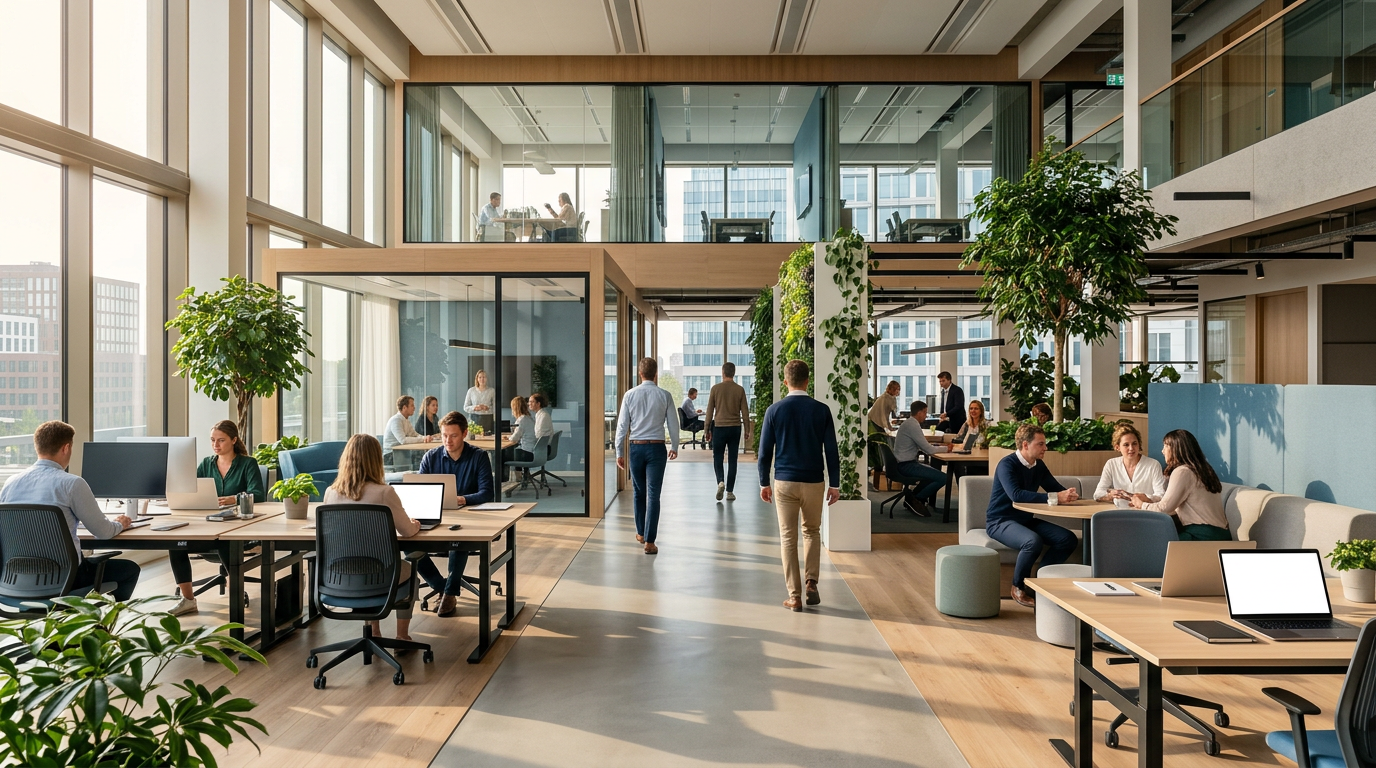 Drukbezocht modern kantoorinterieur met flexibele werkplekken en natuurlijk licht tijdens een najaarsochtend.