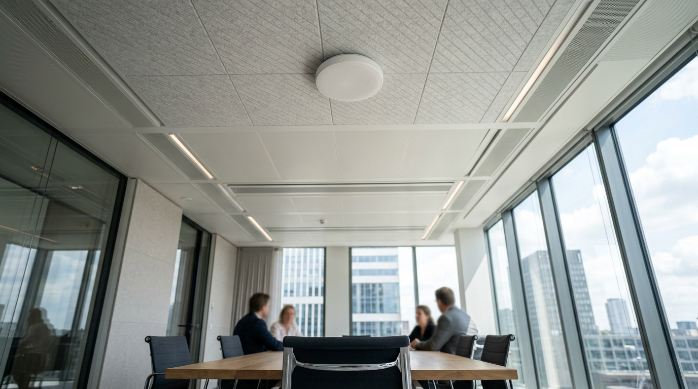 Kleine matwitte IoT-sensor gemonteerd op het akoestische plafond van een moderne vergaderruimte