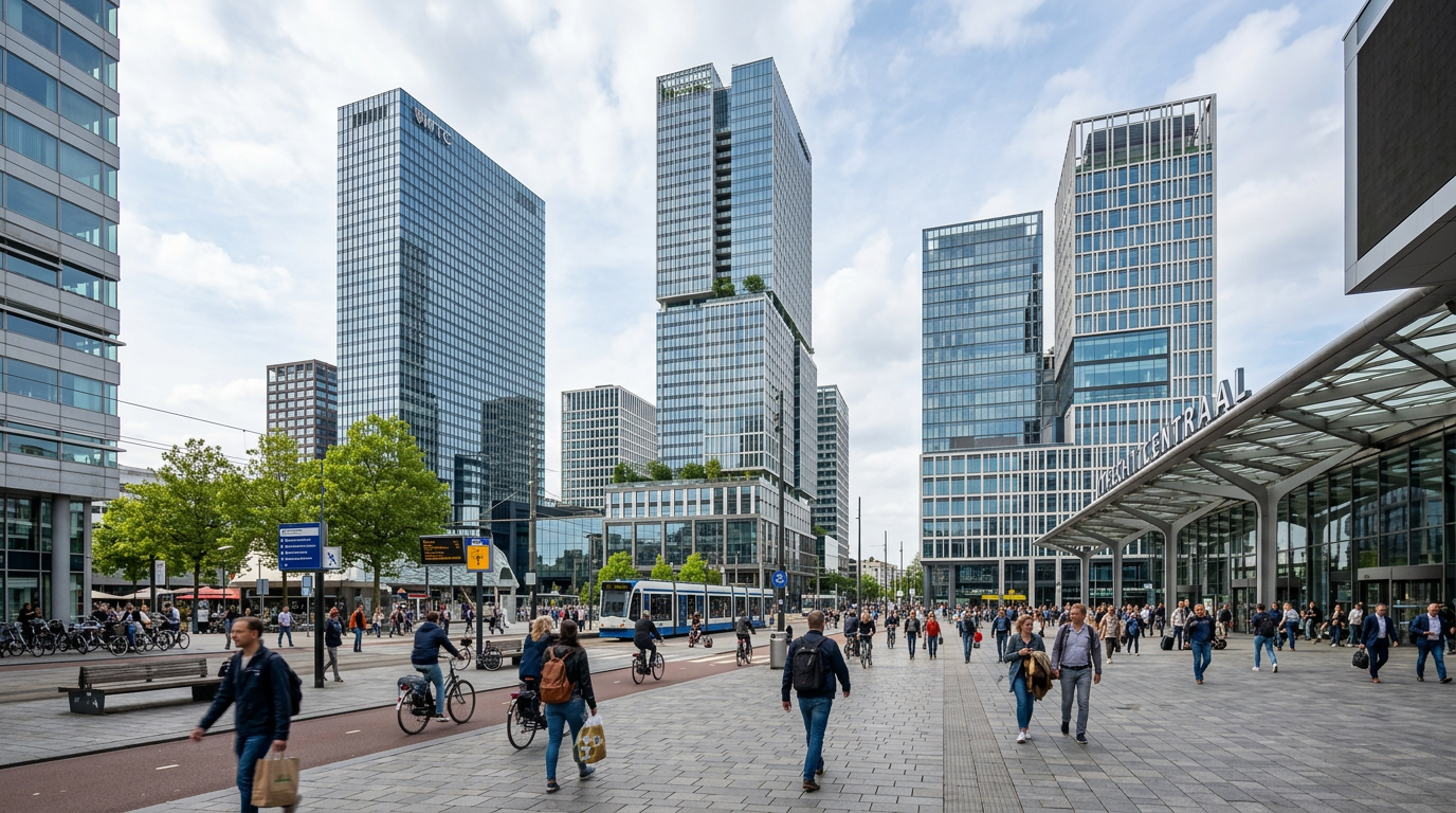 Moderne kantoortorens rond het stationsplein in Utrecht bij helder daglicht