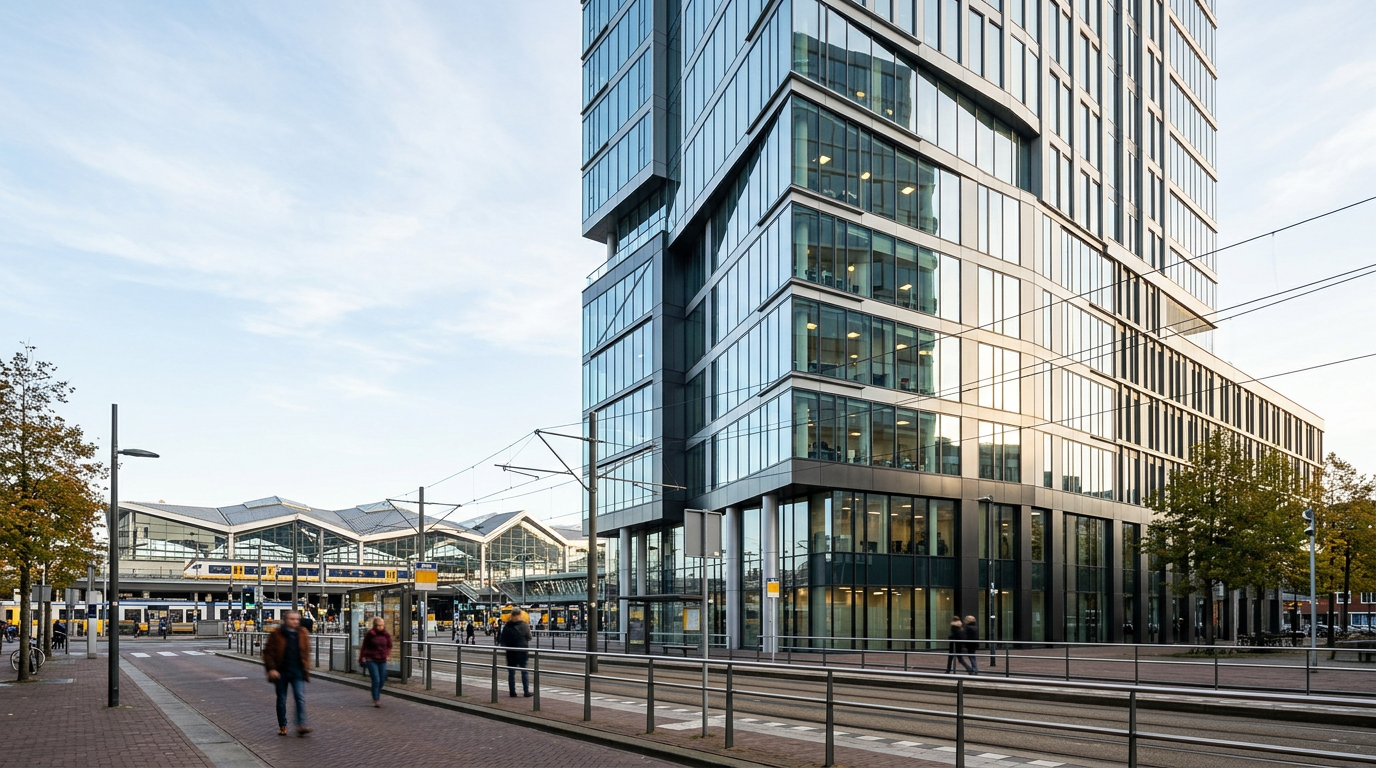 Moderne glazen kantoortoren bij Utrecht Centraal in helder ochtendlicht met reflecties op de gevel