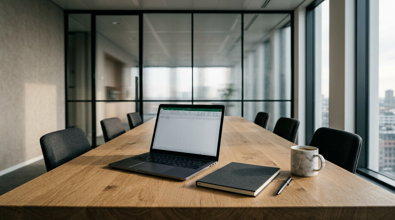 Stilleven van een directiekamer met laptop en documenten op een houten tafel bij strijklicht.