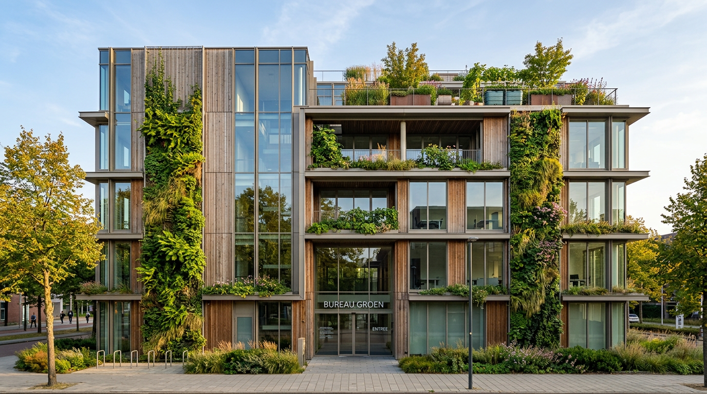 Duurzaam kantoorgebouw met groene gevels, daktuinen en grote raampartijen op een zonnige dag.
