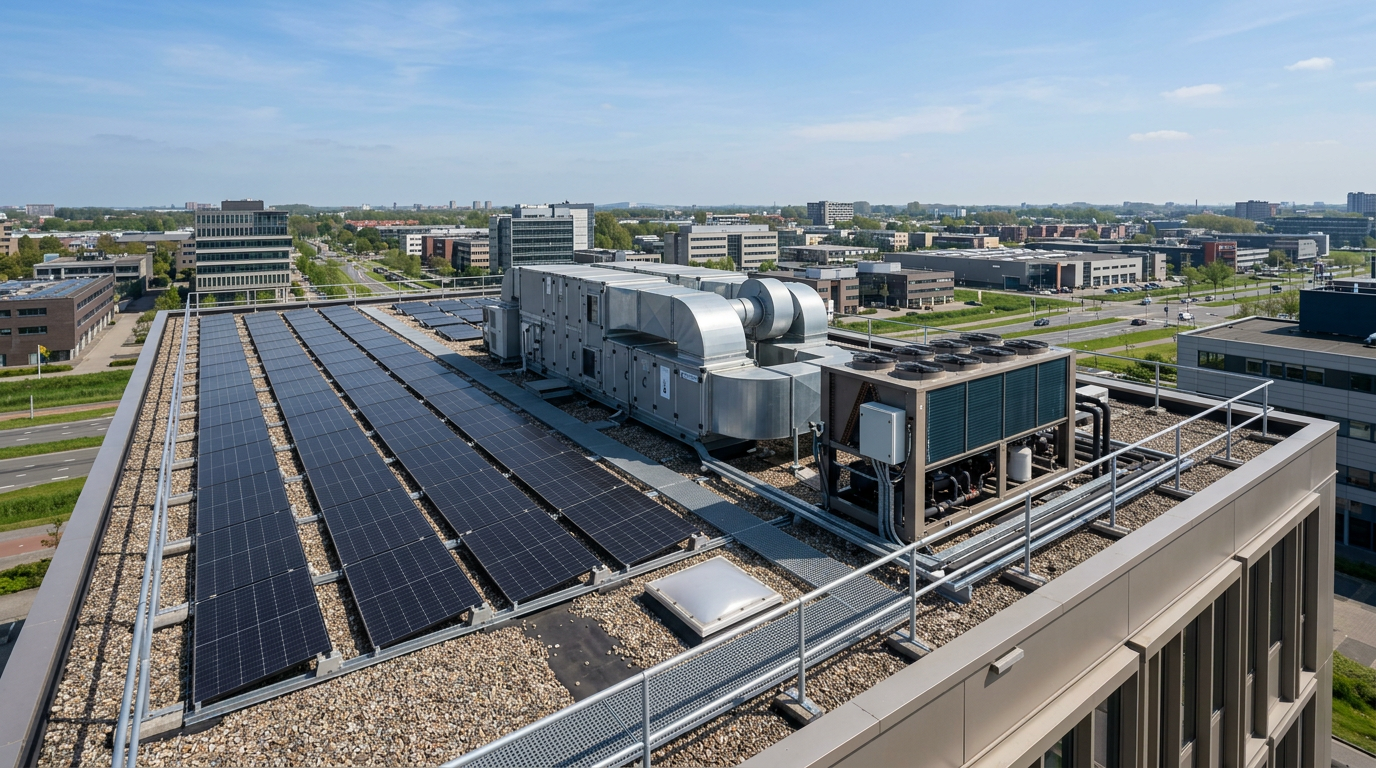 Zonnepanelen en warmtepompinstallatie op het dak van een modern kantoorpand in de Randstad