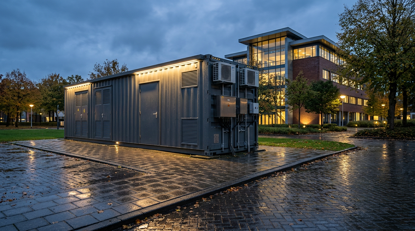 Industriële batterijcontainer op het terrein van een modern kantoorpark bij schemering.