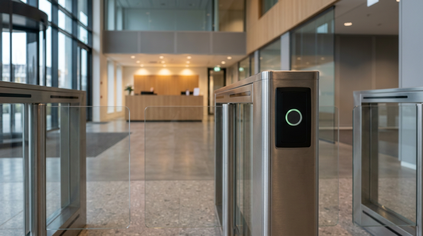 Strakke kantooringang met roestvrijstalen draaipoort en digitaal toegangscontrolepaneel in een verlichte ontvangsthal.