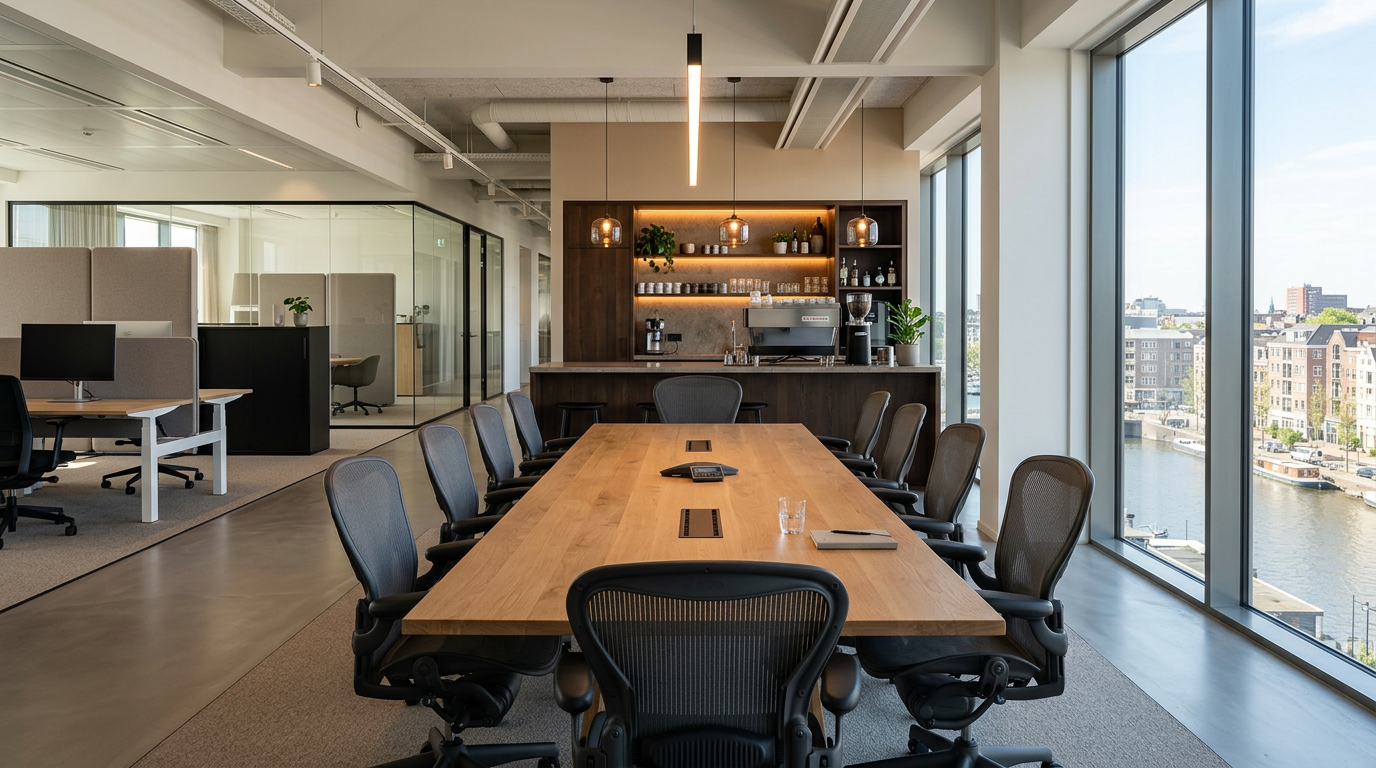 Instapklare kantoorruimte met een houten vergadertafel, bureaustoelen en een stijlvolle koffiebar op de achtergrond.