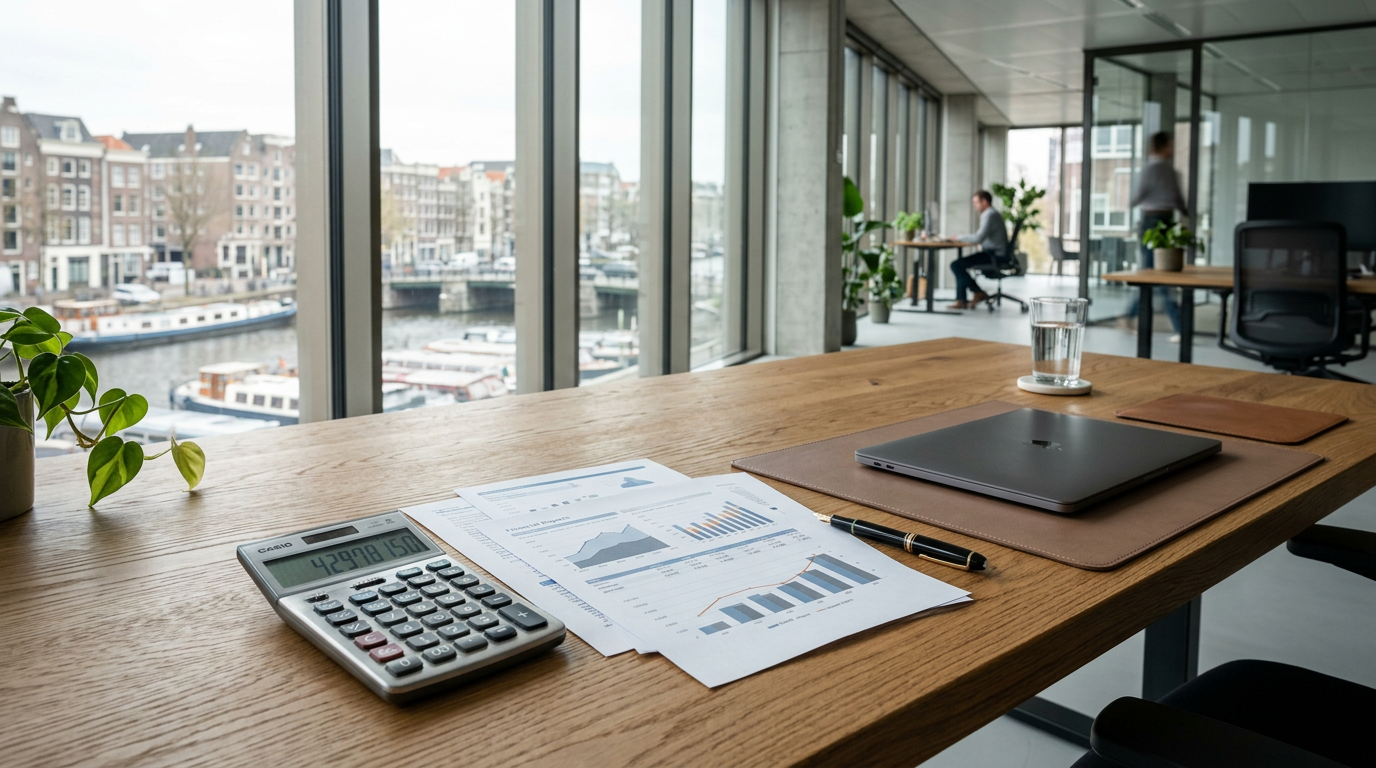 Financiële documenten, grafieken en rekenmachine op een houten directiebureau bij een raam in een modern kantoor