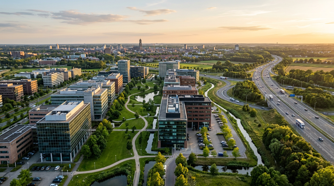 Luchtfoto van kantoorpark Papendorp met moderne kantoorgebouwen, groenvoorzieningen en nabijgelegen snelweg