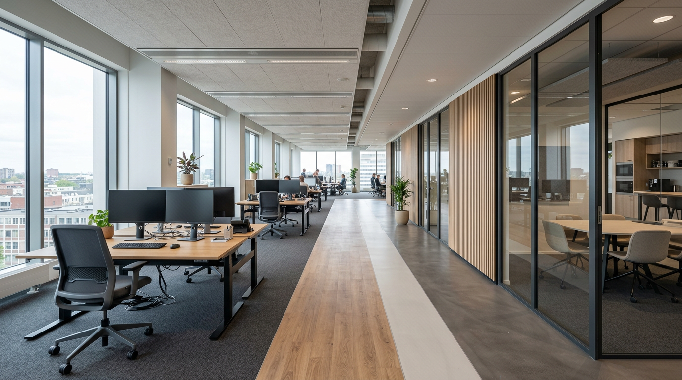 Instapklare kantoorverdieping met moderne bureauopstellingen en glazen scheidingswanden in natuurlijk daglicht.