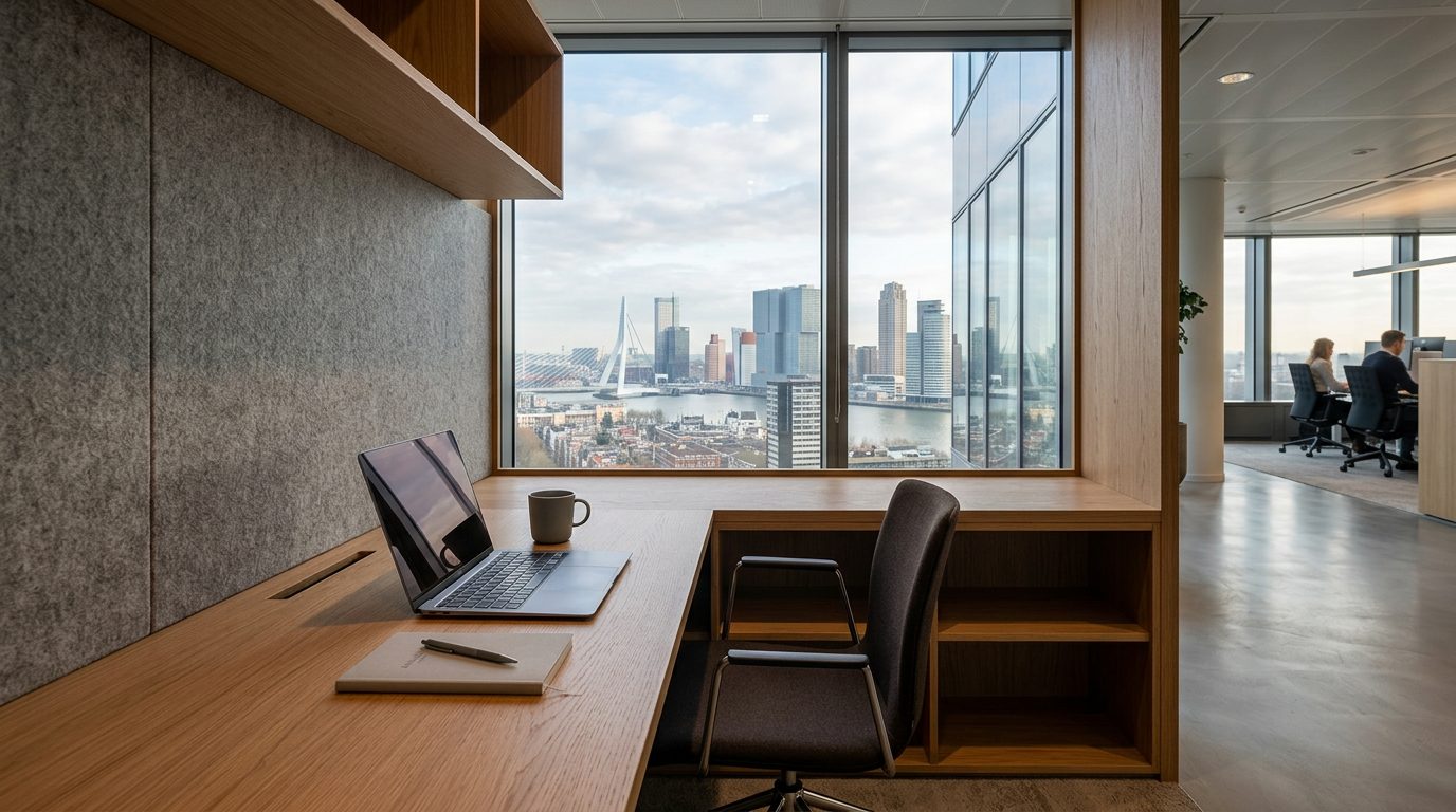 Minimalistische prikkelarme stiltewerkplek met vilt en eikenhout en uitzicht op de skyline van Rotterdam.