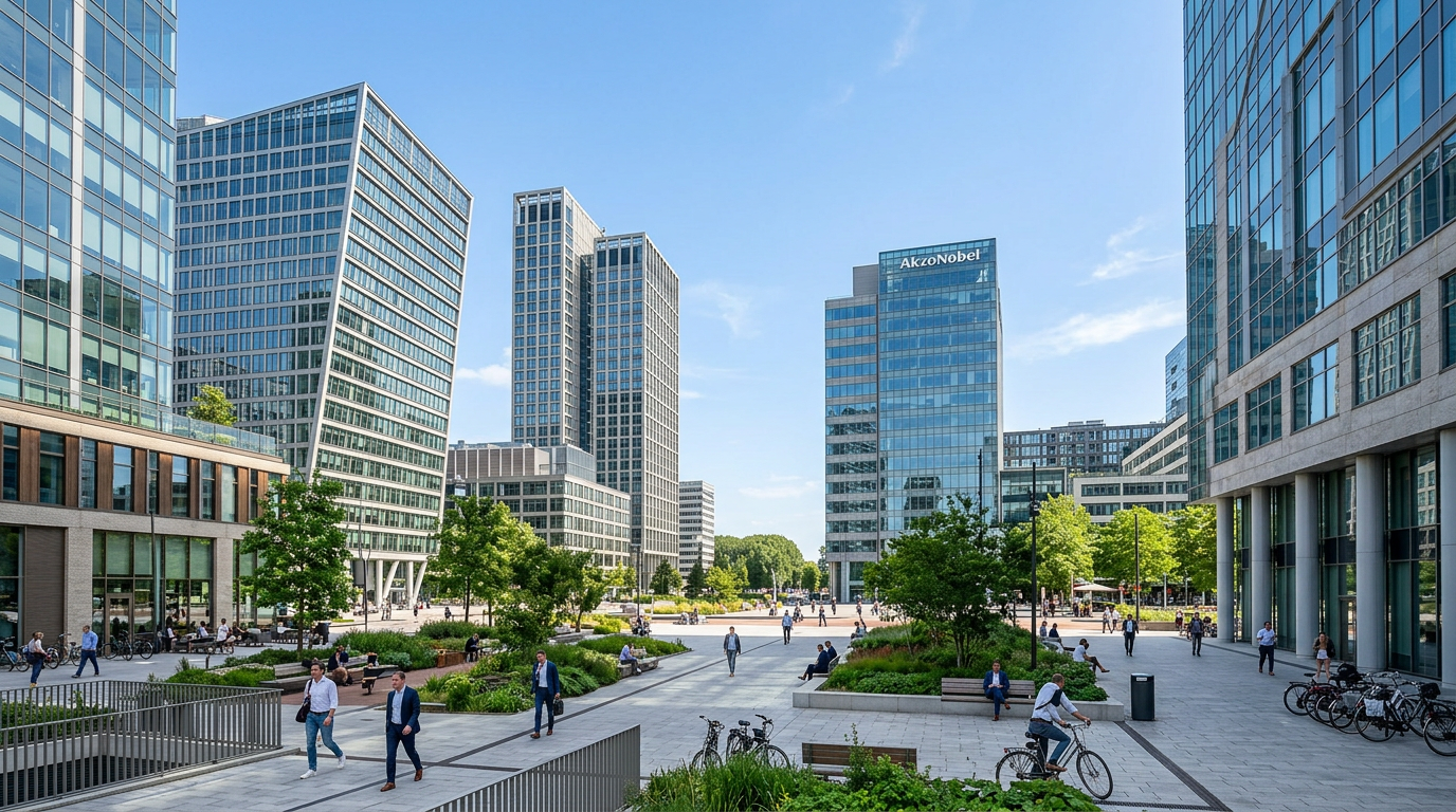 Moderne glazen kantoortorens aan de Amsterdamse Zuidas onder een heldere blauwe lucht op een zonnige zomerdag.