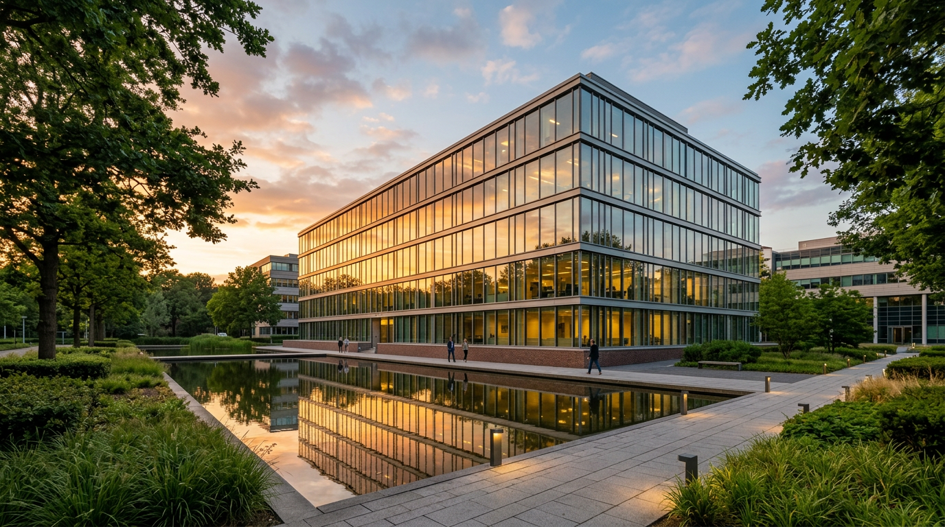 Modern kantoorpand op kantorenpark Riekerpolder in Amsterdam bij zonsondergang met glazen reflecties en groen