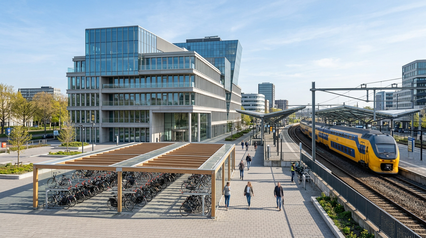 Modern kantoorcomplex naast een intercitystation in een Nederlandse stad bij helder ochtendlicht