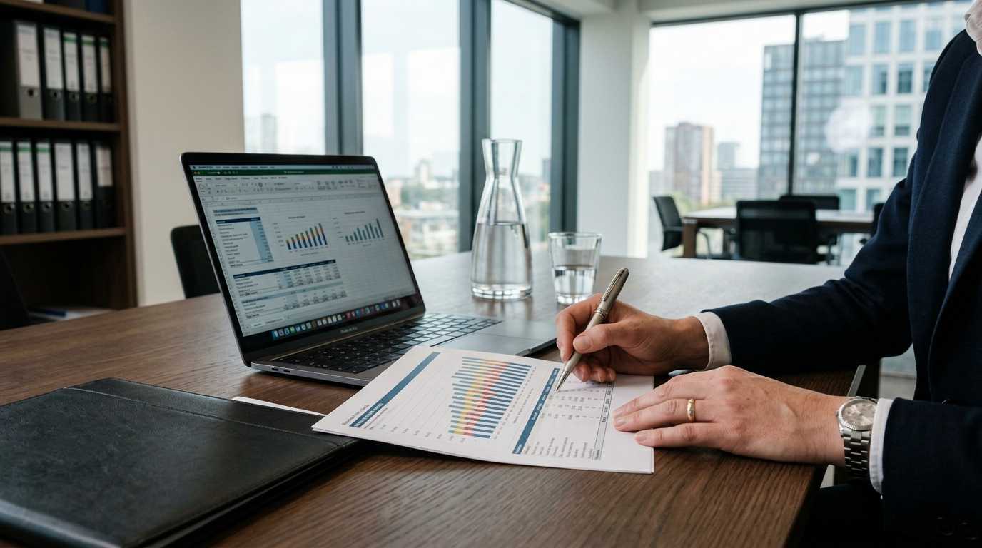 Handen van een CFO die financiële rapporten en grafieken op een opgeruimd kantoorbureau doorneemt