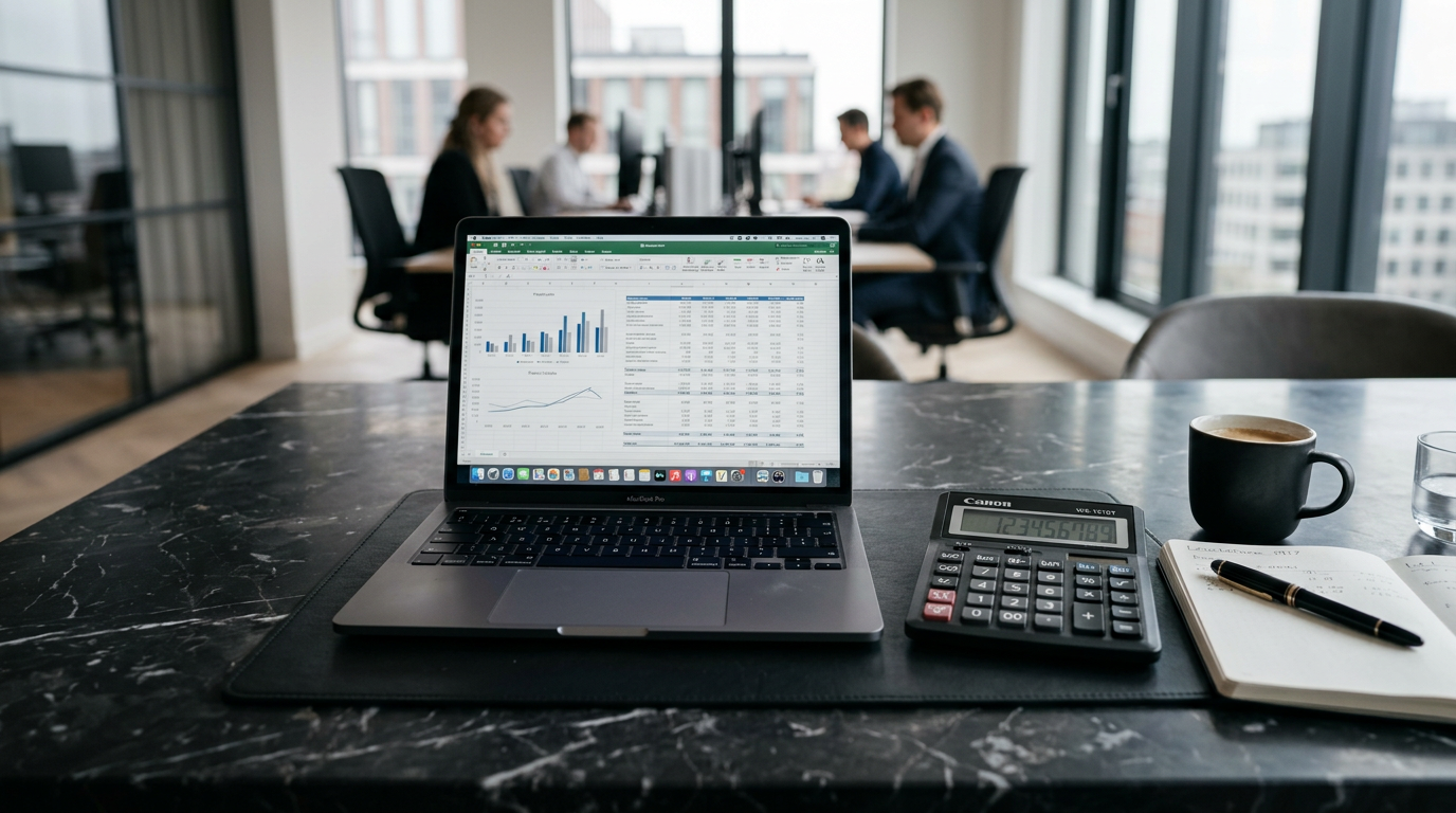 Laptop met financiële spreadsheets en een rekenmachine op een marmeren bureau in een kantooromgeving