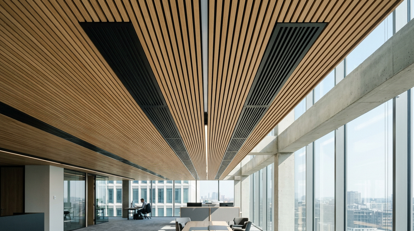 Strakke ventilatieroosters en akoestische plafondelementen in een modern kantoorgebouw met invallend daglicht.
