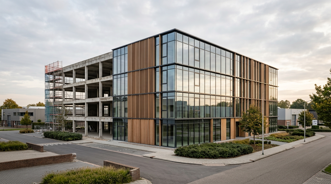 Verouderd kantoorpand dat wordt getransformeerd met een moderne glazen gevel en duurzame materialen.
