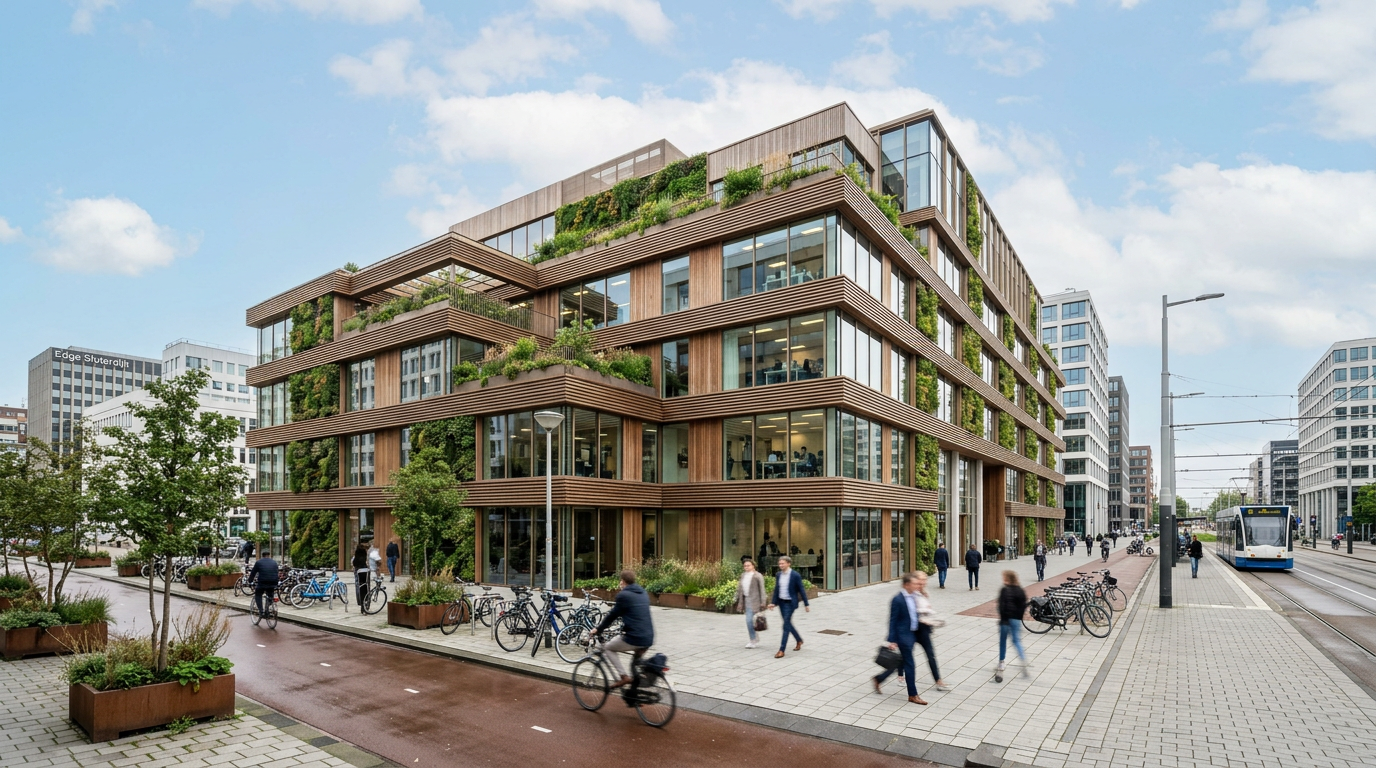 Duurzaam getransformeerd kantoorgebouw in Amsterdam Sloterdijk met houten gevelelementen en verticaal groen.