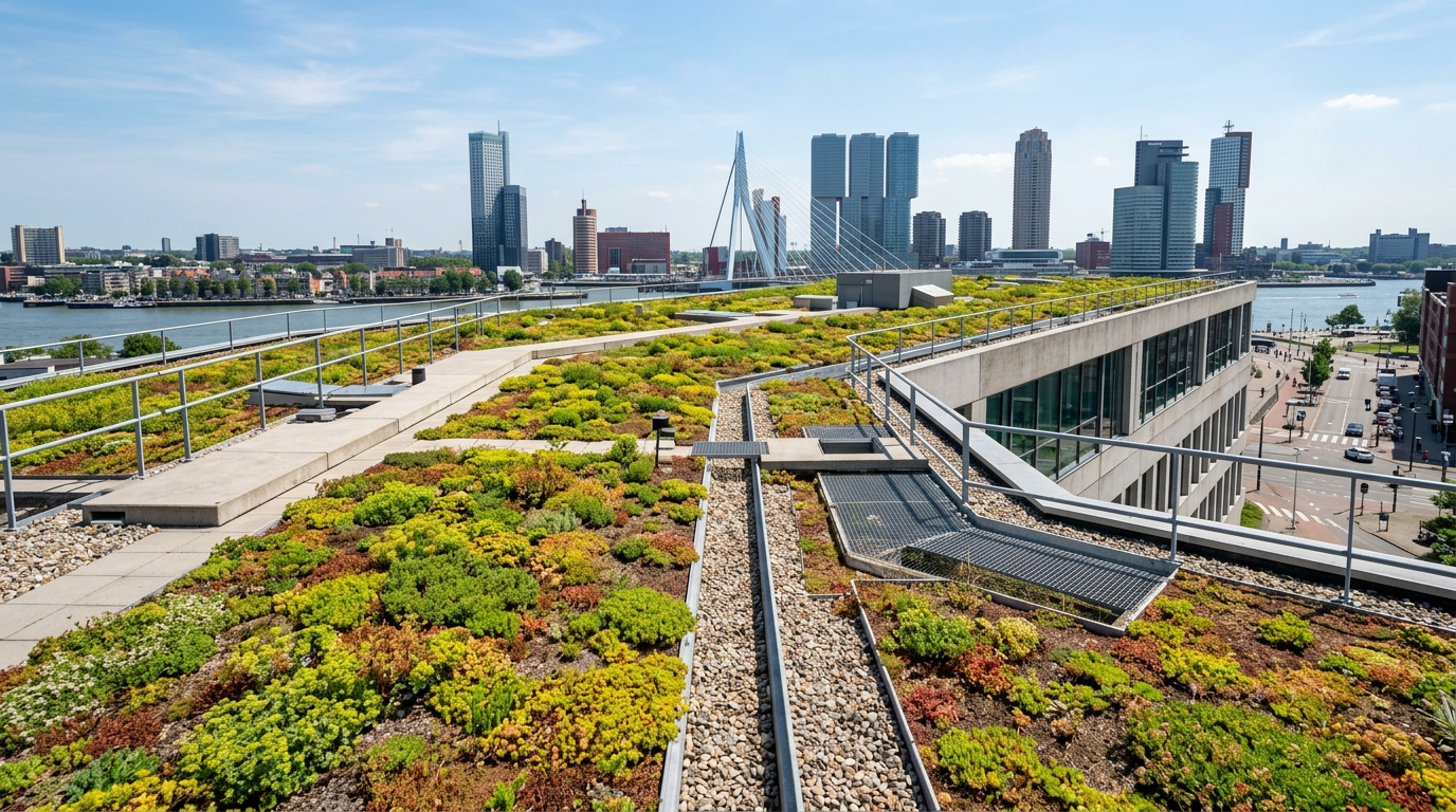 Groen sedumdrak en waterretentiesysteem op een kantoorgebouw in Rotterdam met stedelijke skyline