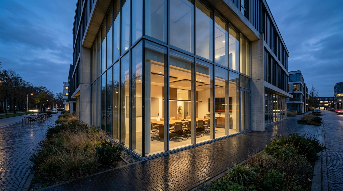 Transparant modern kantoorgebouw met verlichte bespreekruimte bij avondlicht op straatniveau.
