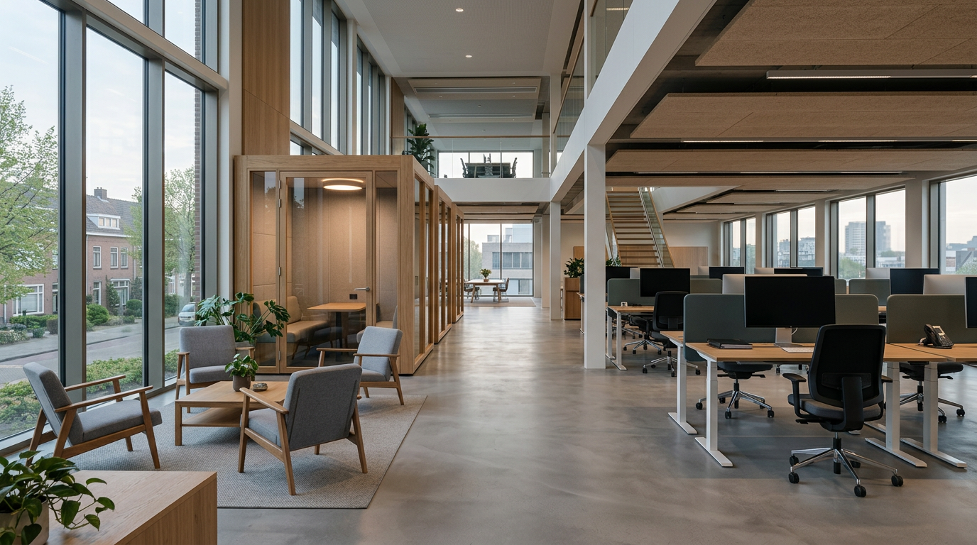 Ruim modern kantoorinterieur met loungezitjes, overlegcabines en flexplekken in zacht ochtendlicht.