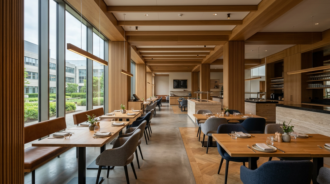 Leeg hoogwaardig bedrijfsrestaurant met eikenhouten tafels en natuurstenen kookeiland rond het middaguur