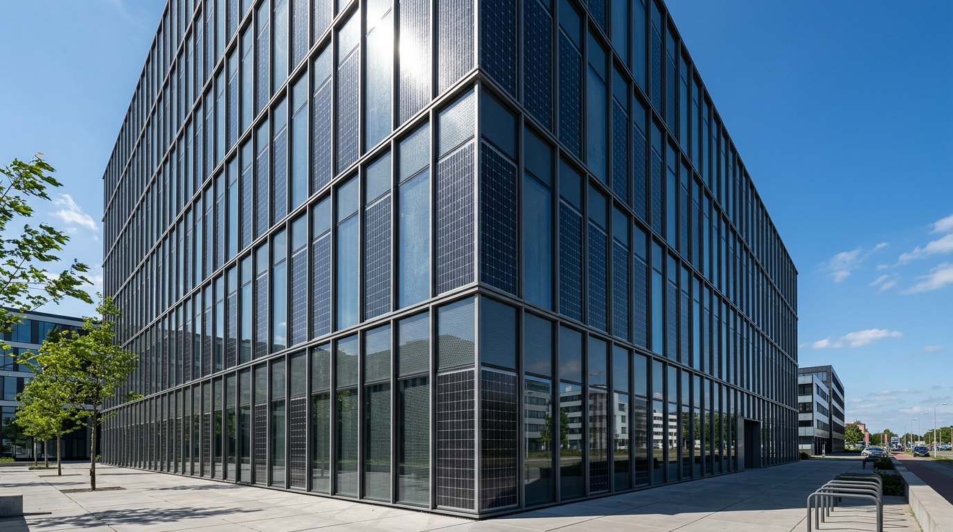 Glazen kantoorgevel met geïntegreerde zonnepanelen onder een strakblauwe lucht in fel zonlicht.
