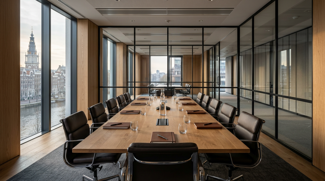 Modern ingerichte boardroom met houten vergadertafel en glazen wanden in ochtendlicht