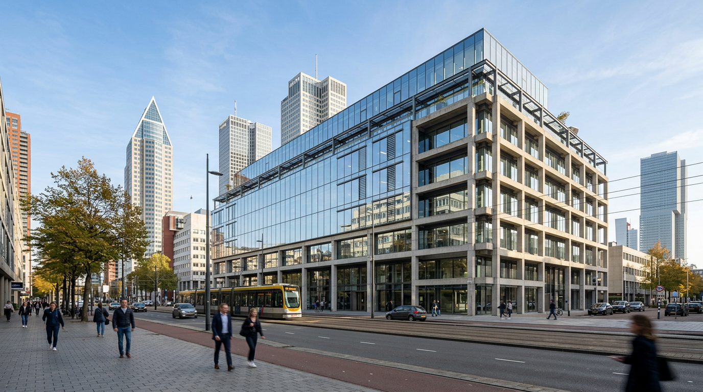 Moderne glazen gevel van een gerenoveerd kantoorgebouw in het Rotterdam Central District bij helder daglicht.