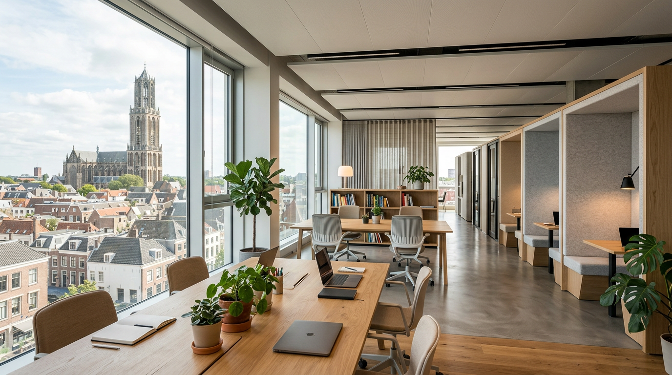 Modern hybride kantoorinterieur in Utrecht met uitzicht op de Domtoren en gevarieerde werkplekken