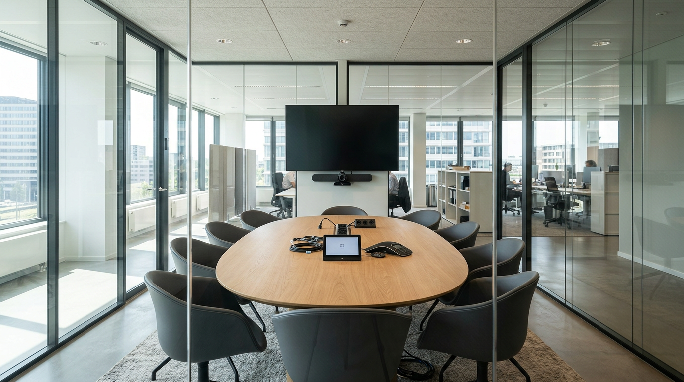 Glazen spreekruimte in een modern kantoor voorzien van hybride vergaderapparatuur en een strakke vergadertafel