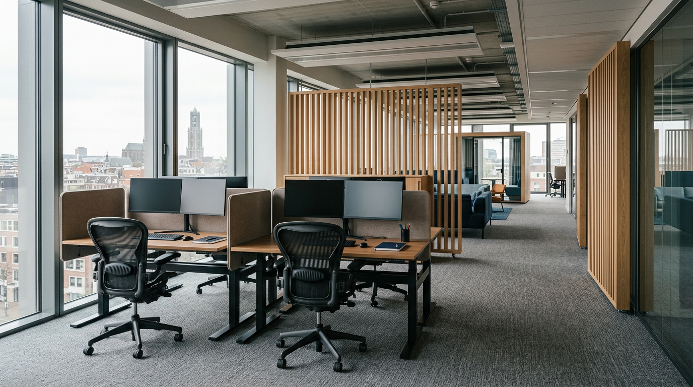 Modern modulair kantoorinterieur in Utrecht met houten wanden en verplaatsbare werkplekken in natuurlijk daglicht.