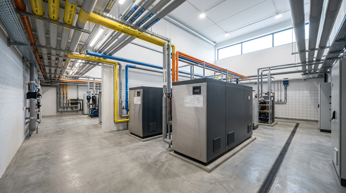 Technische ruimte van een modern kantoorgebouw met een geïnstalleerde industriële warmtepompinstallatie en leidingen.