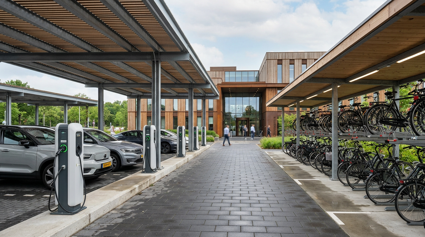 Modern parkeerdek met laadpalen en fietsparkeerplekken bij een duurzaam kantoorpand
