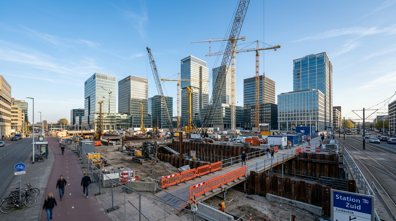 Hoogbouw van de Amsterdamse Zuidas met infrastructurele bouwwerkzaamheden van het Zuidasdok op de voorgrond